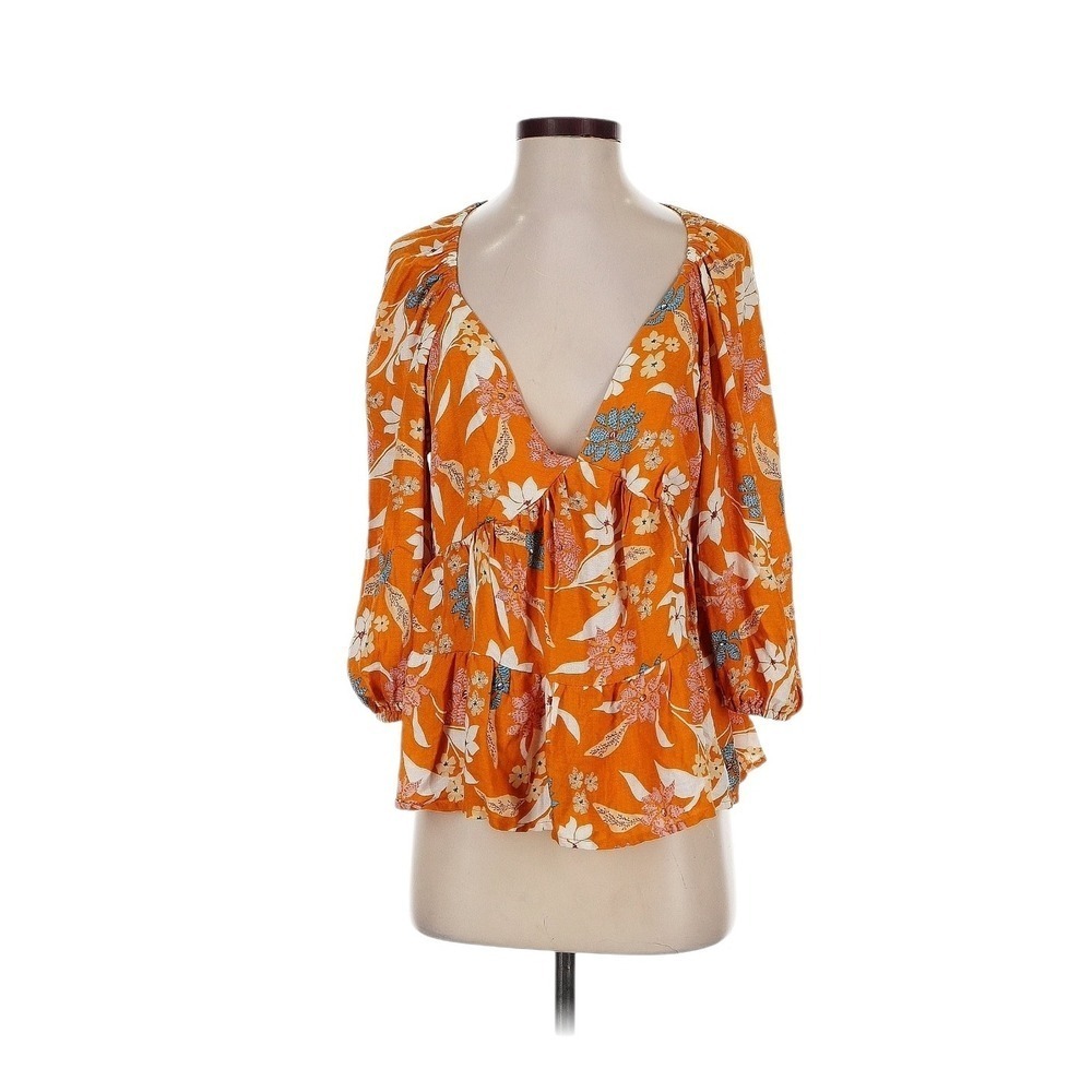 RACHEL Rachel Roy Orange Floral 3/4 Sleeve Plunge Peplum Blouse Size S